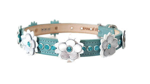 Rumi leather flower collar with 3 Swarovski crystals on strap between flowers and on flower - Around The Collar NY