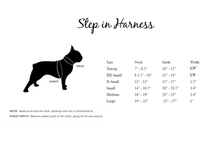 Leather step-in dog harness size chart by Around the Collar