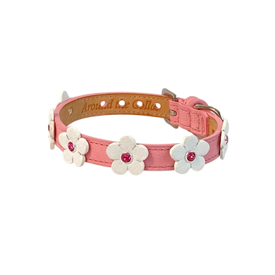 Ellie flower leather dog collar in pink tulip
