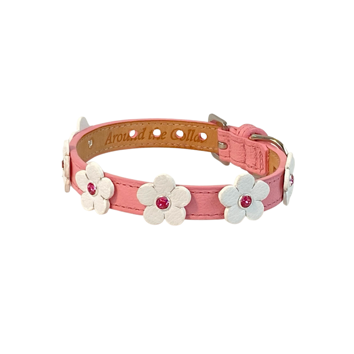 Ellie flower leather dog collar in pink tulip