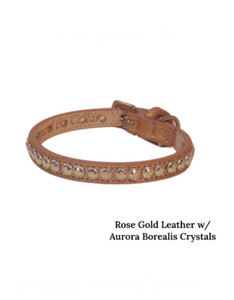 Rose Gold leather Shanti dog collar with Aurora Borealis crystals