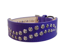 Load image into Gallery viewer, Carmel purple leather dog collar with double swirl of crystals by Around the Collar