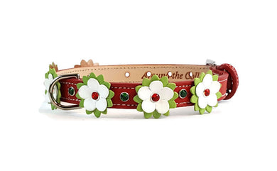 Penelope Flower Christmas Leather Dog Collar with Crystals on Flower & Collar